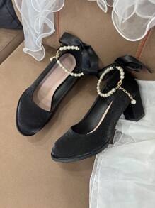 Tacones gruesos elegantes con decoración de cristales y perlas para niña, talla grande, adecuados para vestidos formales y ocasiones, con correa de tobillo ajustable