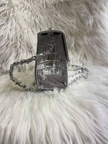 Women's Crocodile Shoulder Bag With Crossbody Strap And Swivel Closure - Silver - View 3