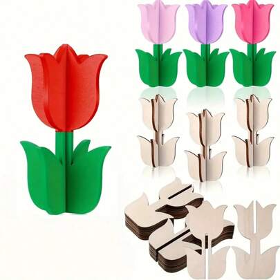 Unfinished Wooden DIY 3D Tulip Shape Assembly Wooden Pieces Coloring Craft, Suitable For Easter, Mother's Day, Father's Day, Valentine's Day, Home Decor