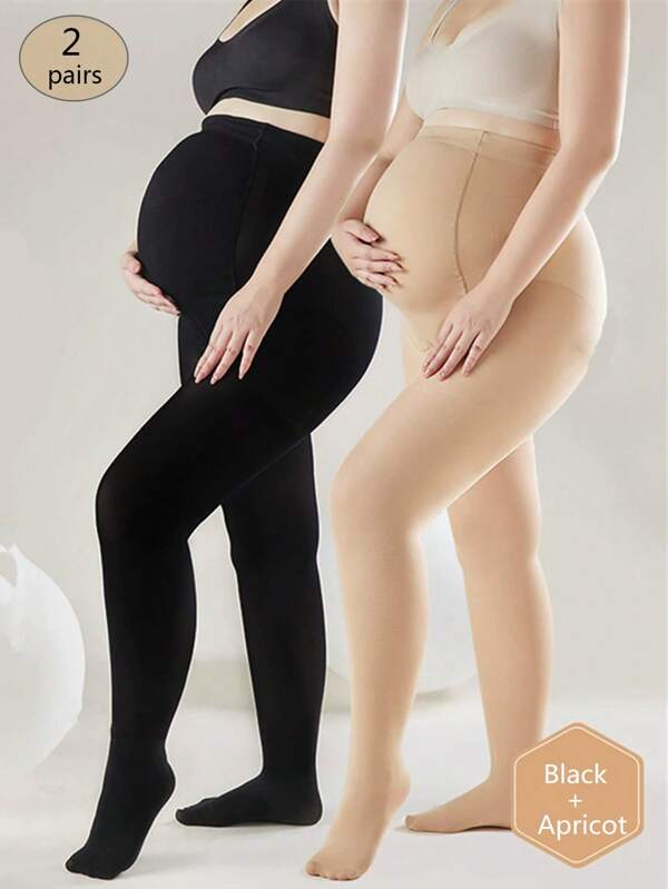 2 Pairs Pregnant Women's Thick Velvet Tights, Adjustable Waist Maternity Pantyhose, Non-Slip Reinforced Crotch, For Spring & Autumn