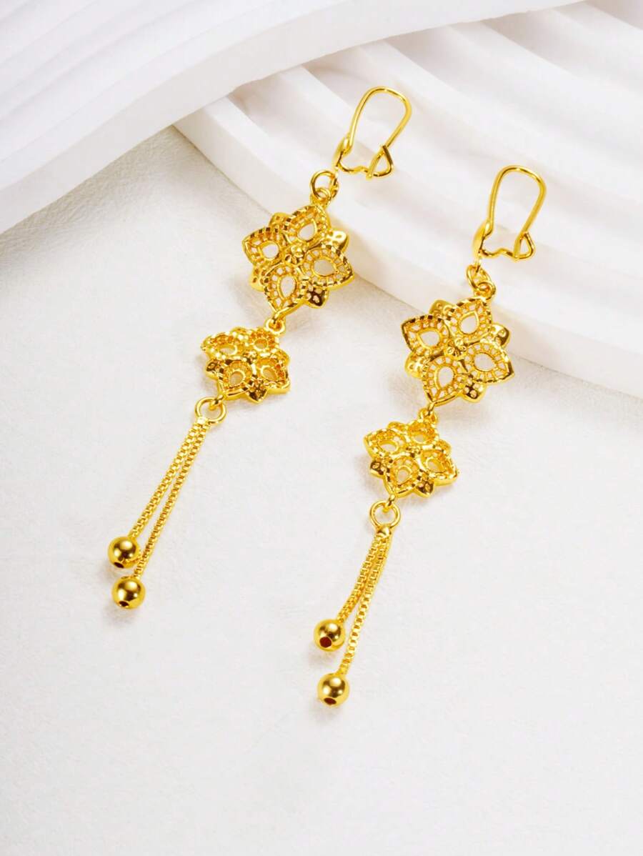 2 件时尚镂空花朵设计 24K 镀金耳环，送给女朋友、妻子、朋友、节日、生日的礼物，适合女士和女孩日常和节日佩戴 - 花型 - 查看 1