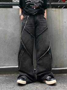 1pc Men's Distressed Vintage Wash Deconstructed Patchwork Wide Leg Jeans (Product Does Not Include Belt And Accessories) - Black - View 2