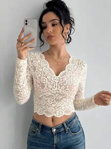 Femmes Top manches longues à imprimé floral, col V en dentelle, couleur unie, printemps/été - Blanc - Voir 4