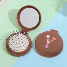 字母印花便携式迷你折叠发刷，配有集成镜子和头皮按摩功能 - 气囊垫，方便携带旅行 - 棕色 - 查看 32