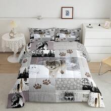 Castle Fairy Wolf Comforter Set Twin/Full/Queen/King Size,Wolf Paws Print Pine Trees Wild Adventure Bedding Set,Women Men Adults Room Decor Geometric Plaids Patchwork Comforter Rustic Bedding Set,Twin Only 1 Pillowcase,Full/Queen/King Size 2 Pillowcases - Grey - View 2