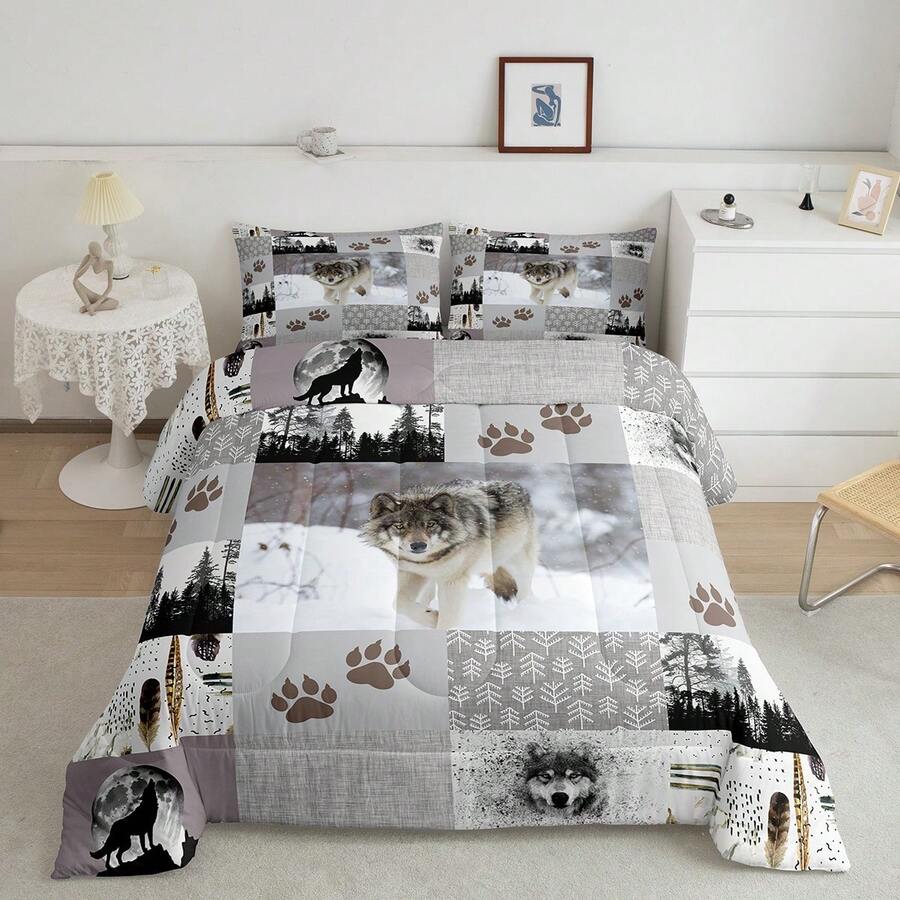 Castle Fairy Wolf Comforter Set Twin/Full/Queen/King Size,Wolf Paws Print Pine Trees Wild Adventure Bedding Set,Women Men Adults Room Decor Geometric Plaids Patchwork Comforter Rustic Bedding Set,Twin Only 1 Pillowcase,Full/Queen/King Size 2 Pillowcases