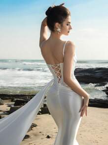 Elasola 串珠刺绣缎面美人鱼风格白色婚纱，优雅正式晚会舞会婚礼宾客礼服，适合毕业典礼、晚宴、新娘