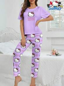 Sanrio Set da notte Hello Kitty Sanrio da 2 pezzi, composto da maglietta a maniche corte con collo tondo e pantaloni lunghi, con stampa a cartoni animati e lettere, pigiama comodo