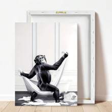 1pc, Canvas Hanging, Framed Decorative Painting, Poster, Wall Art, Monkey Taking Bath Canvas Art Print, Wall Hanging Decoration, Animal Themed Canvas Ink Artwork For Home Office, Bathroom, Living Room - Decorative Art, Modern Vintage Style, Black And White Cartoon Chimpanzee Poster Gifts Birthday Graduation