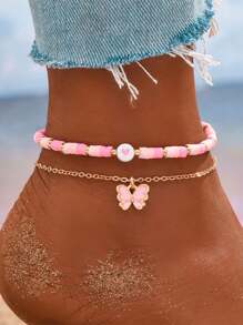 2PCS European And American Beach Style Butterfly Pendant Multi-Layer Anklet Simple Elegant Anklet Suitable For Holiday Parties Wear To Give Women Holiday Gifts - Anklet Set - View 8