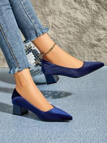 女士高跟鞋，尖头，蓝色绒面革，粗跟，防滑橡胶鞋底，优雅时尚，适合工作和日常休闲穿着 - 藍色 - 查看 1