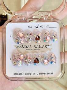 10 件/套粉色闪光心形水钻装饰假指甲，手工制作可重复使用短款可爱女孩假指甲
