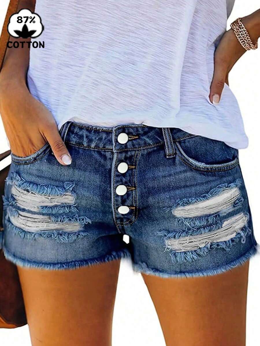 Women's Fashion Frayed Distressed Washed Denim Frayed Hem Shorts - Blue - View 1