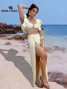 Solid 3 Piece Bikini Sets Sexy Halter Swimsuit Ruffle Cute Swimwear 2025 Summer Beach Vintage Bikini Set