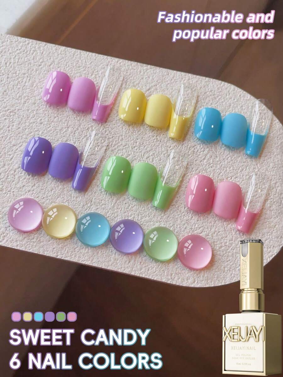 XEJAYI 6色糖果色凝胶指甲油套装，UV LED 浸泡式指甲凝胶，半永久性，DIY沙龙级美甲凝胶，适合春夏美甲