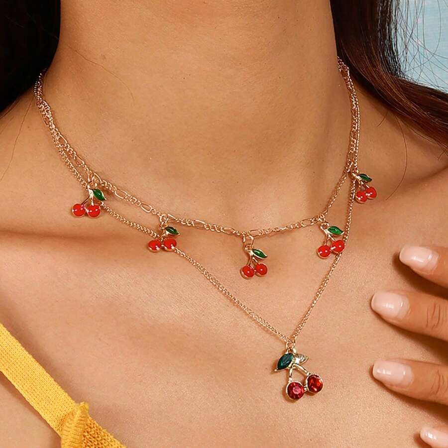 2pcs/Set Countryside Cherry Alloy Necklace, Suitable For Women Everyday Or Festival Wear