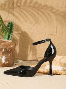 女士9厘米尖头可调节绑带高跟鞋，优雅黑色PU镜面材质细高跟鞋，适合日常穿着/派对，优雅 - 黑色 - 查看 4