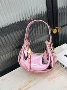 1 pieza Bolso mini infantil PU brillante con forma de media luna, correa de hombro ajustable, cierre de cremallera, bolso estético, moda casual y cómoda, suave y versátil, apta para salidas diarias, jugar, compras diarias y viajes de niñas