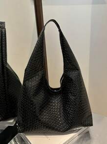 女士纯色 PU 皮革时尚大容量单肩包，适合日常通勤 - 黑色 - 查看 8