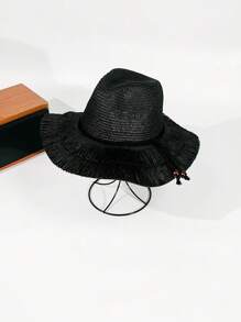 1pc Women's Solid Color Hat, Casual Bohemian Retro Palace Style Party & Street Elegant Fashion Simple Tassel Basin Hat, Fresh And Simple Sweet Beach Holiday Sun Hat, Suitable For Daily Outing, Hiking, Water Activities In Summer - A - View 1