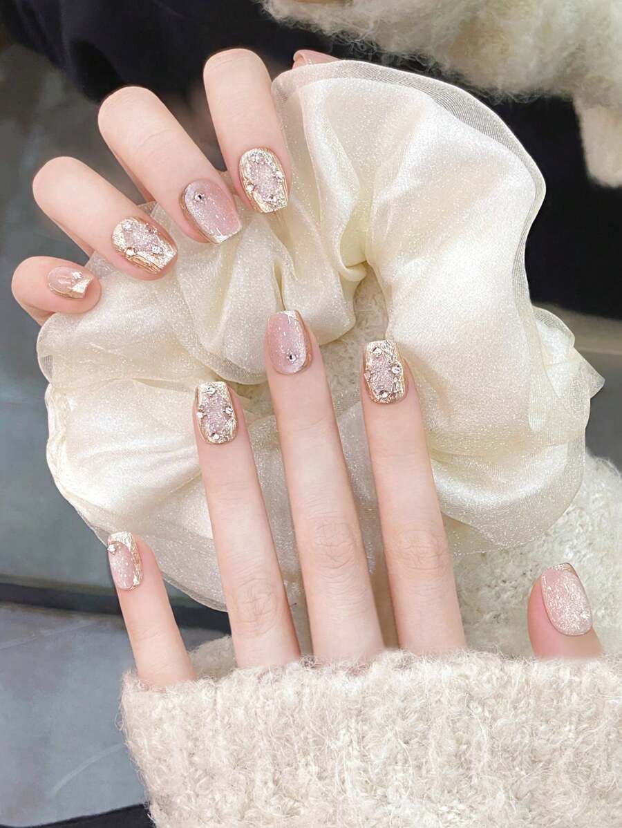 10pcs Pre-Design Polygel Nail Art Tips, Pink Crystal Rhinestones Curved Nail Varnish With Nail Art Designs, UV Light Curing Cat Eye Effect, High-End Brightening Effect Press On Nails
