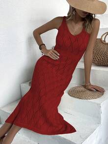 女士休闲V领纯色钩针开衩连衣裙，夏季全白，秋季返校季米黄色，秋冬季派对优雅长裙（图案随机） - 紅色 - 查看 7