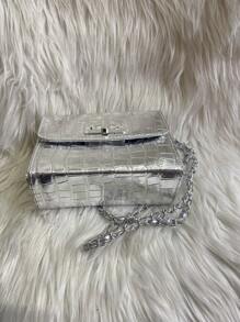 Women's Crocodile Shoulder Bag With Crossbody Strap And Swivel Closure - Silver - View 5