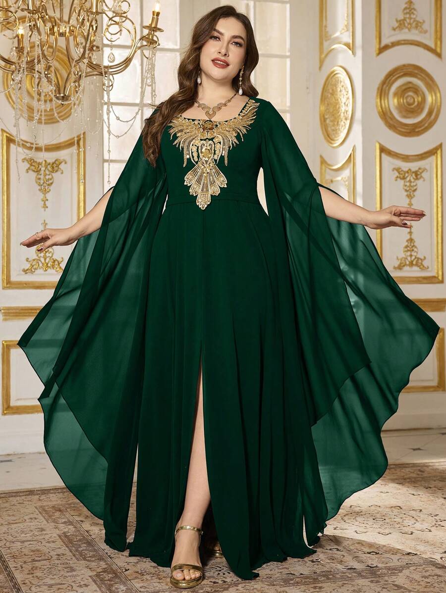 SUPGIR 加大方领长袖金色亮片连衣裙、优雅连衣裙、派对礼服、婚礼宾客礼服、正式礼服、晚礼服、长袍 - 墨綠色 - 查看 1