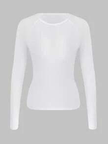 XLLAIS Fall Winter Outfits 2025 Solid Small Neck Basic Casual Raglan Long Sleeve T Shirt Sport Knit Women White Tops - White - View 1