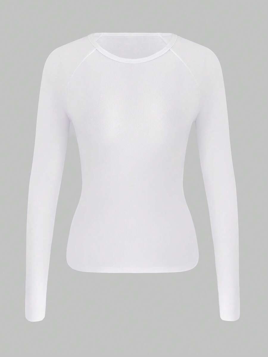 XLLAIS Fall Winter Outfits 2025 Solid Small Neck Basic Casual Raglan Long Sleeve T Shirt Sport Knit Women White Tops - White - View 1
