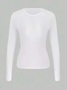 Camiseta básica de manga larga con cuello pequeño y raglán sólida de XLLAIS para mujer, de punto deportivo, color blanco