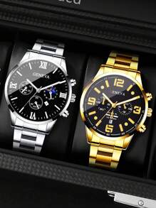 3 件男士休闲奢华商务石英表套装 - 时尚圆形表盘、日期功能、合金表壳和不锈钢表带 - 男士的完美节日礼物 - 彩色 - 查看 3