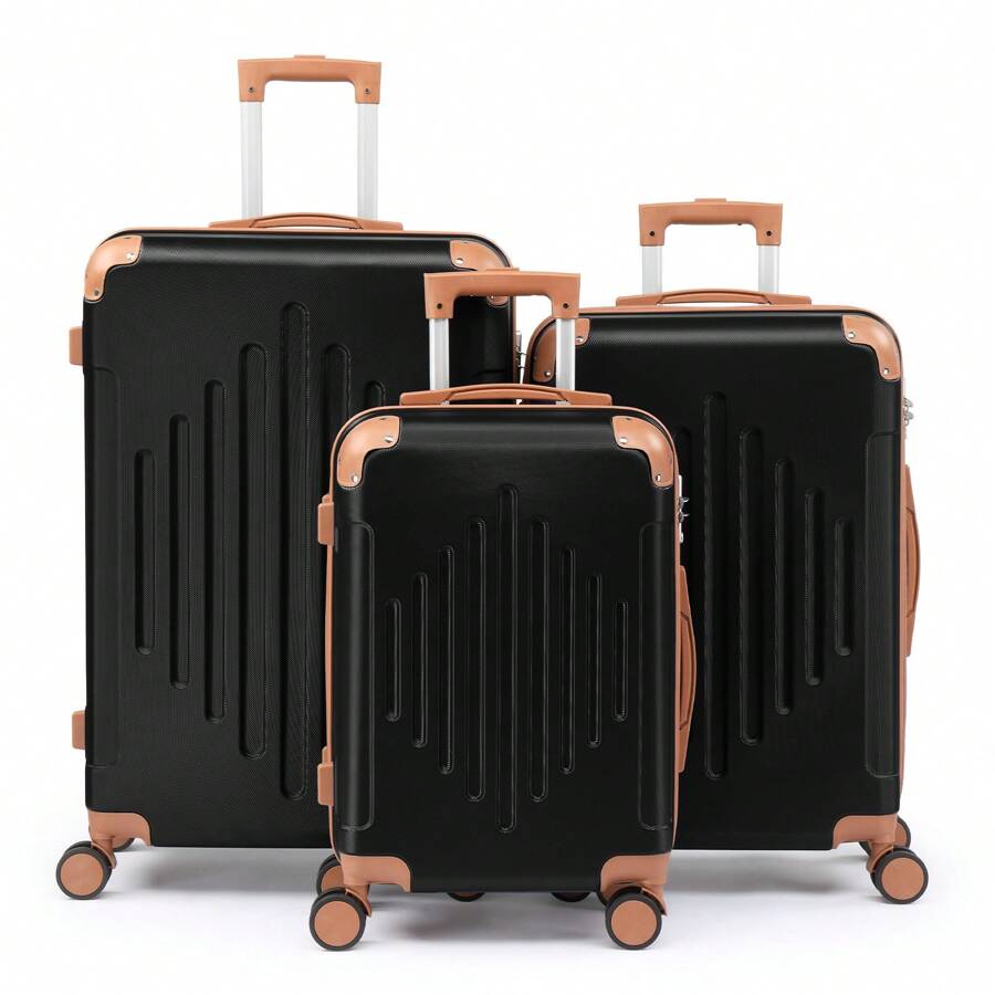 SUNROAD 3 Piece Travel Suitcase With Corner Protectors, 20/24/28 Inch, Durable Hard Shell, 360 Degree Spinner Wheels, Multifunctional, Large Capacity, Lightweight, Fashionable Multicolor - 3 in 1黑色撞棕色 - View 1