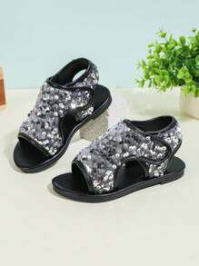 1 Pair Plus Size Toddler/Little Girls' Black Glitter PU Colorful Sequin T-Strap Flat Sandals, Round Toe Open Toe Fashion Cute Roman Style Suitable For 3-15 Years Old Girls, Daily Casual, Party, Beach, Spring/Summer - View 2