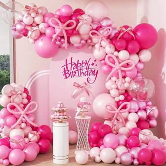 New Bow Pink Balloon Garland Arch Kit With Pink White Clear Latex Balloons For Princess Birthday Babyshower Bridal Shower Valentine's Day Party Decorations Supplies