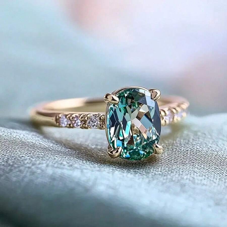 1 buc. Inel de logodnă rotund, elegant, placat cu aur de 14K, acvamarin, zirconiu cubic, accesoriu de lux pentru nunta de mireasă, cadou de bijuterii de ultimă generație pentru cei dragi, cadou de vacanță