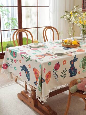 1 Pc Easter Theme Flower & Rabbit Fringe Rectangular Tablecloth, For Coffee Table Or Dining Table