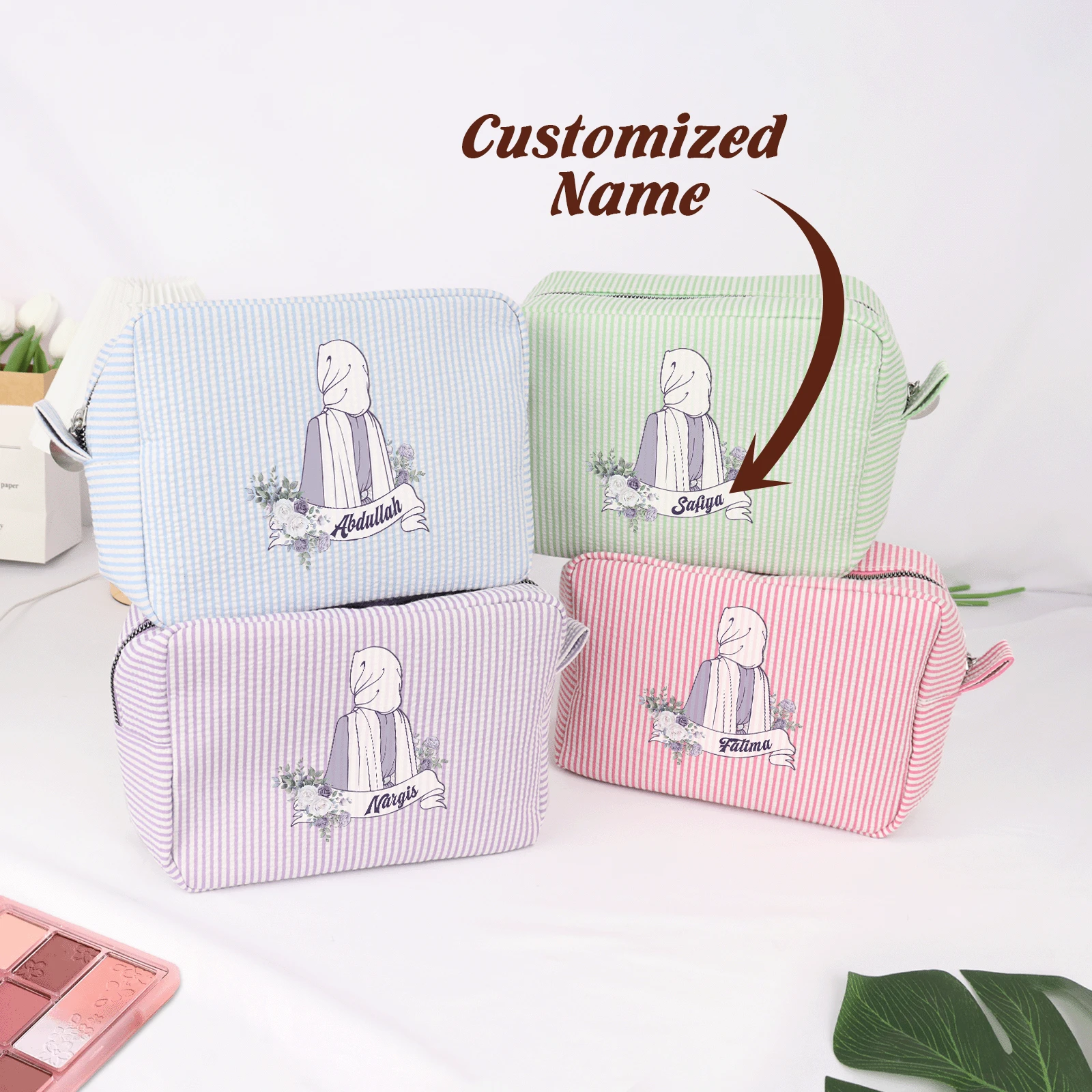 定制照片和名字时尚帆布化妆包，感恩节主题 - 拉链封口，防褪色，可折叠，轻便 - 非常适合女性、教师、伴娘、旅行和化妆品存储，是节日送给家人和朋友的精美礼物 - 彩色 - 查看 1