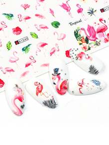 12 pièces d'autocollants pour ongles avec flamants roses, fleurs, feuilles, plumes, jungle tropicale, palmiers, oiseaux et animaux. Décalcomanies d'été pour piscine, fête. Décoration d'ongles par transfert d'eau (sans viscosité)