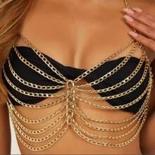 1pc Fashionable Metallic Hollow Multi-Layer Punk Unique Body Chain Necklace, Sexy Accessory For Ladies Party Outfit - Gold - View 1