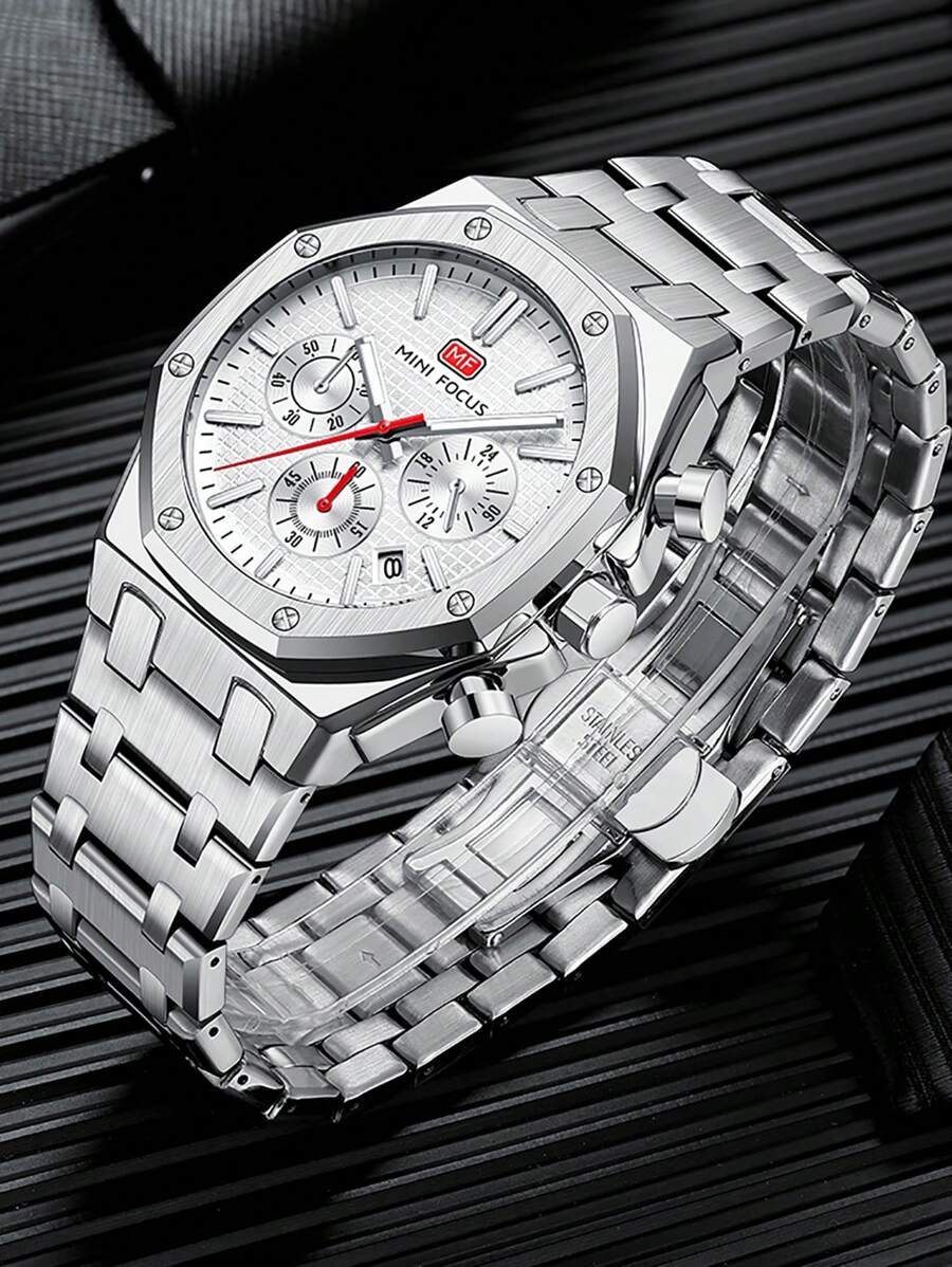 1 件装男士运动石英表多功能小表盘日历夜光指针不锈钢表带商务休闲男士手表礼物 - 均碼 - 查看 1