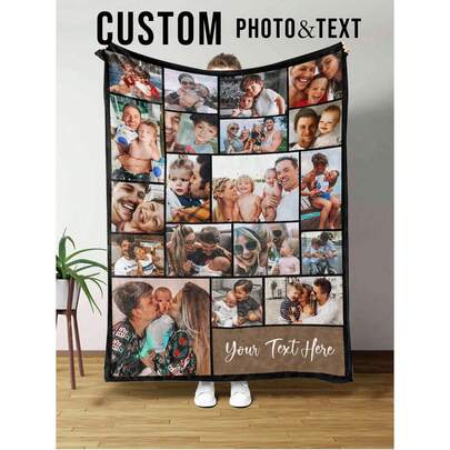 1pc Custom Blanket, Customization Blankets With Over 10 Images, Personalized Soft Cozy Blankets, Personalized Gift, Custom Gift Blanket For Birthday, Breathable, Lightweight, Washable, Cute, Love, Warm, Cozy, Soft, Comfortable, Simple, Custom, Personalized, Unique, Him, Her, Boyfriend, Girlfriend, Dad, Mom, Family, Friends, Bed, Car, Bedroom, Tea Room, Living Room ,Indoor Space Aesthetics