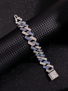 1 Pieza Pulsera De Metal Decorada Con Diamantes De Imitación Y Color Plateado Y Azul De Moda Para Hombres - Azul - Ver 3