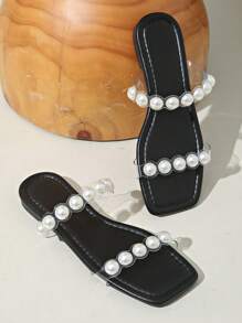 Nuevas chanclas casuales planas de mujer para primavera/verano, con perlas, cristal transparente de TPU, cómodas sandalias de estilo resort, versátiles y ligeras