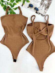 Women's Bodysuit With Braided Straps, Seersucker, Fashion Blogger - Dark Beige - View 1