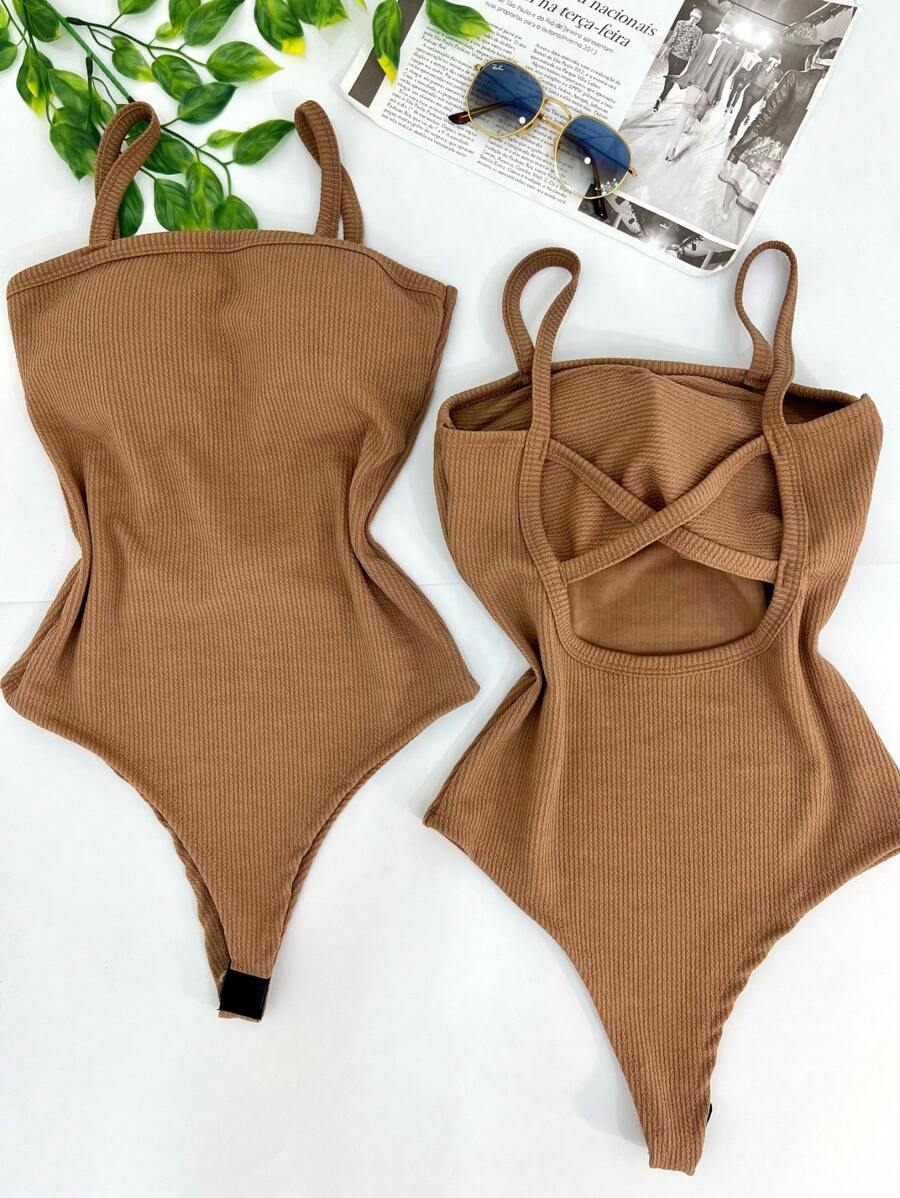Women's Bodysuit With Braided Straps, Seersucker, Fashion Blogger - Dark Beige - View 1