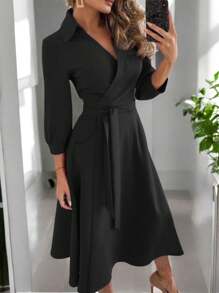 Elegant Women's Long Wrap Dress With Ribbon To Adjust And Detail On Neck, Ideal For Dinners Or Parties - 黑色 - 查看 2