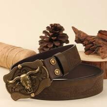 3.7cm Wide Cowboy Style Western Open-Mouth Bull Head Shape PU Leather Belt Buckle, Smooth Buckle With Stamping & Round Hole Design For Men & Women