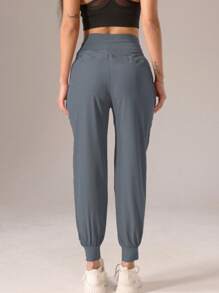 1Pc Women Sports Style Pleated Solid Color Casual Long Pants Tights - Dusty Blue - View 5