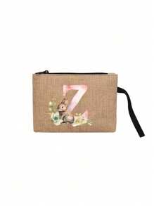 1pc Khaki Linen Makeup Bag With Letters And Rabbits Printed On It, Rabbit Print Fashionable Wreath Letter Pattern,Coin Wallet, Makeup Bag, Ladies' Birthday Gift, Teacher's Thank You Gift - Khaki - View 13